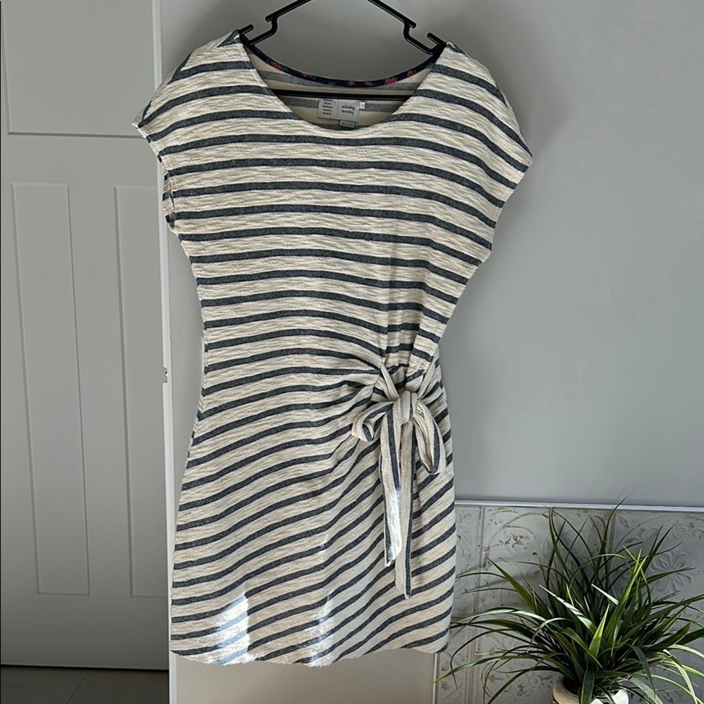Saturday Sunday Anthropologie Striped Side Tie Knit Dress Navy Cream Womens M
